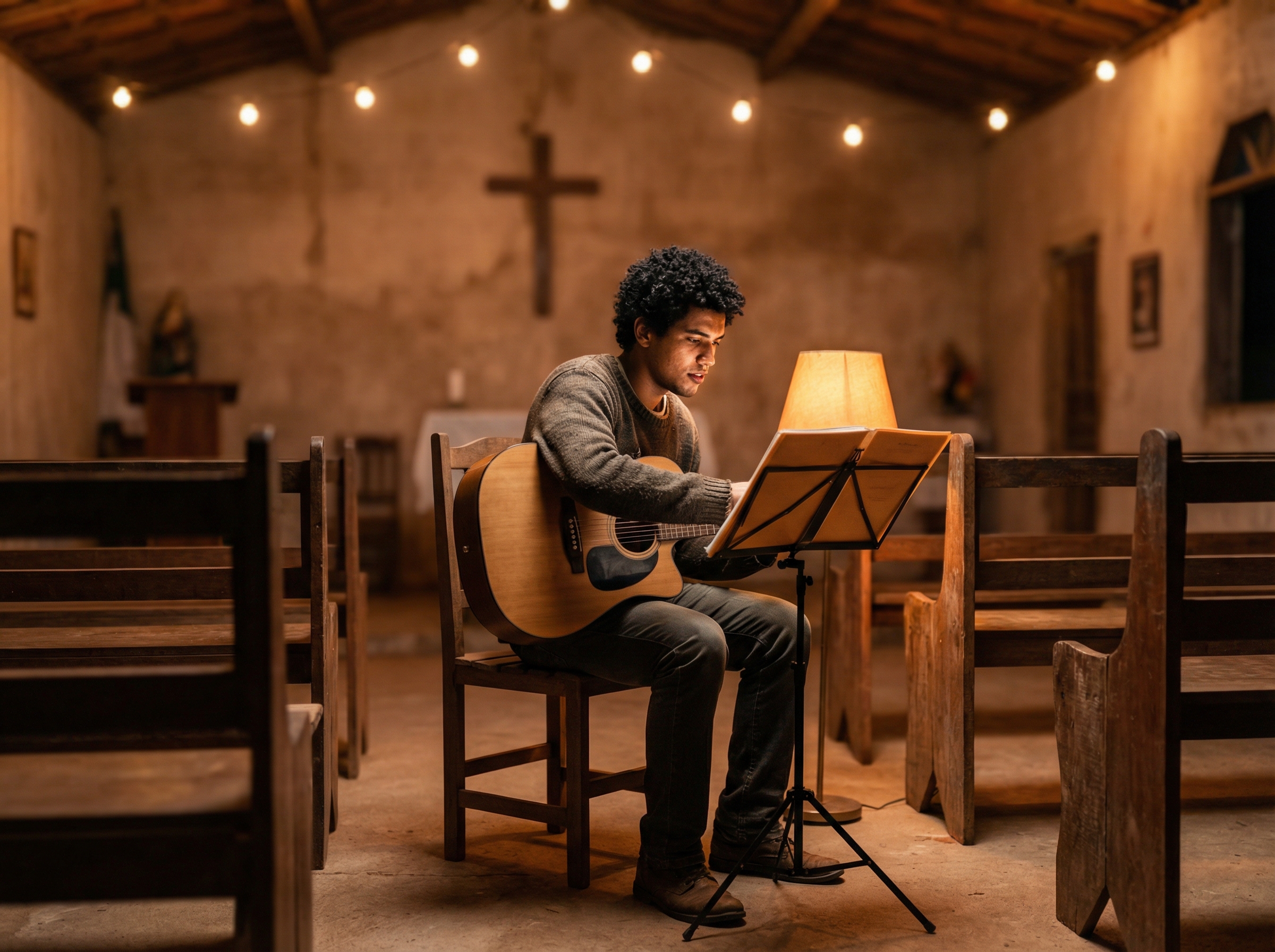 Músico tocando violão sozinho dentro de uma igreja