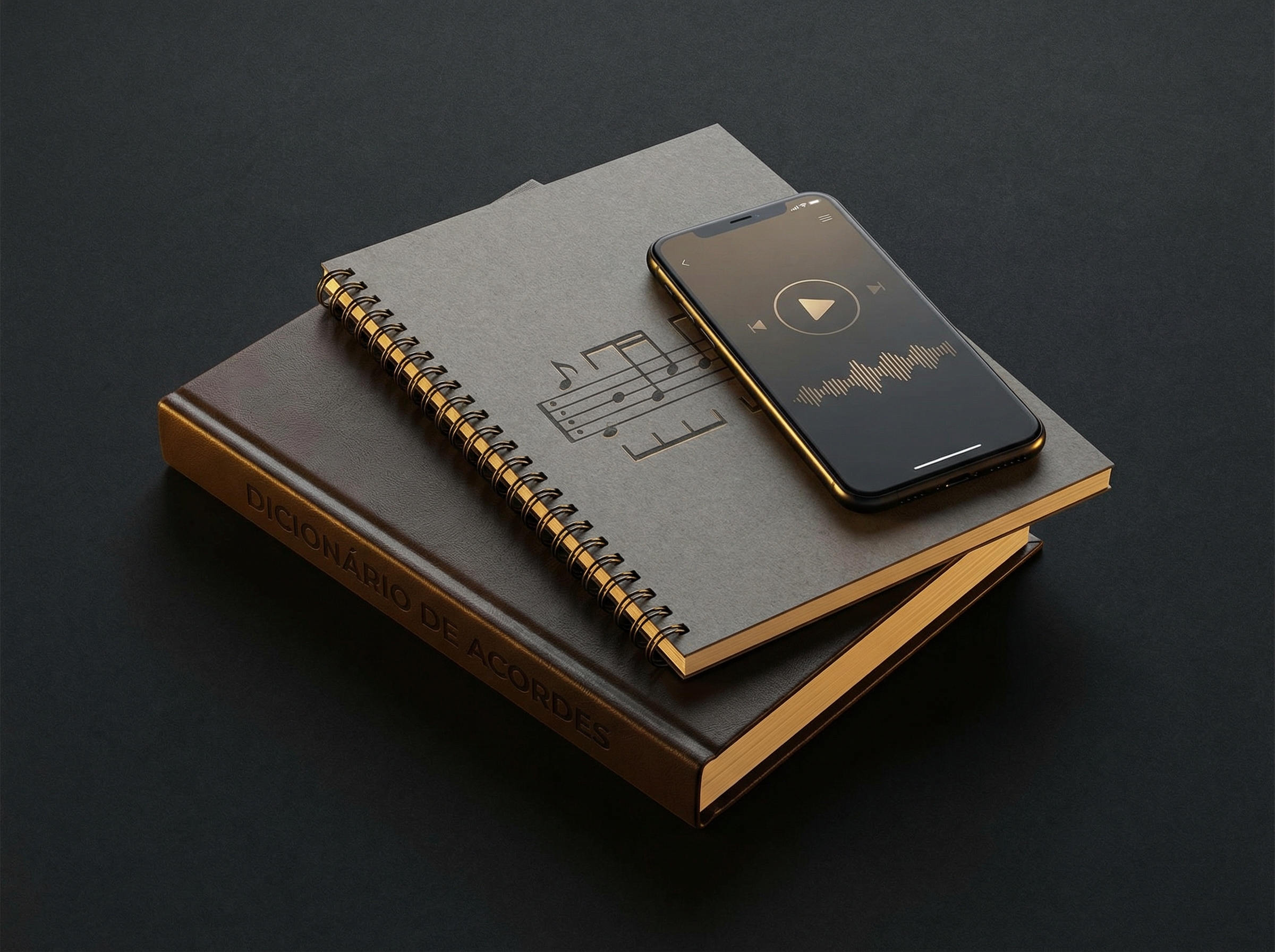 Dicionário de acordes, caderno de ritmos e celular com áudio-aulas