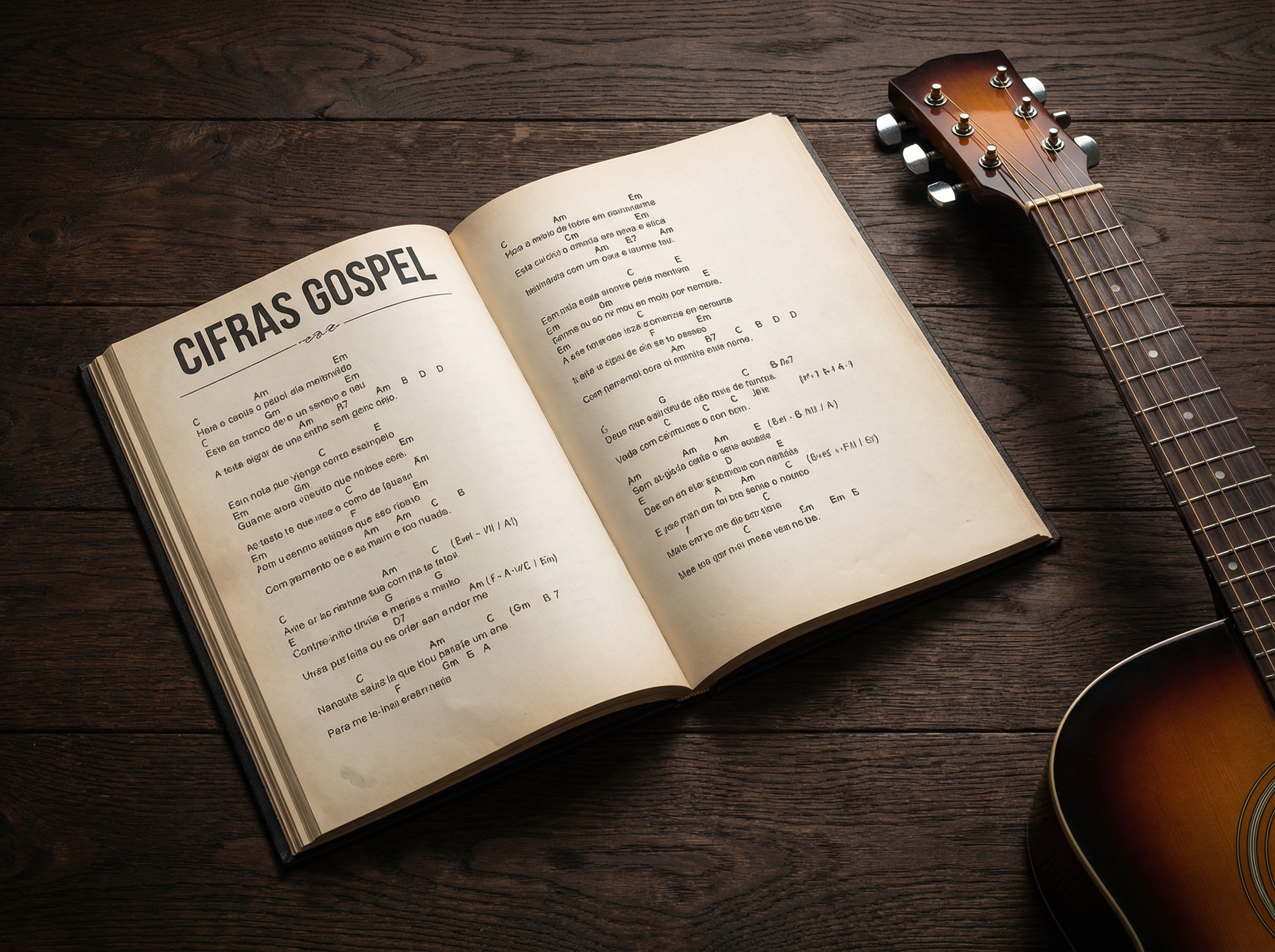 Livro de Cifras Gospel aberto ao lado de um violão